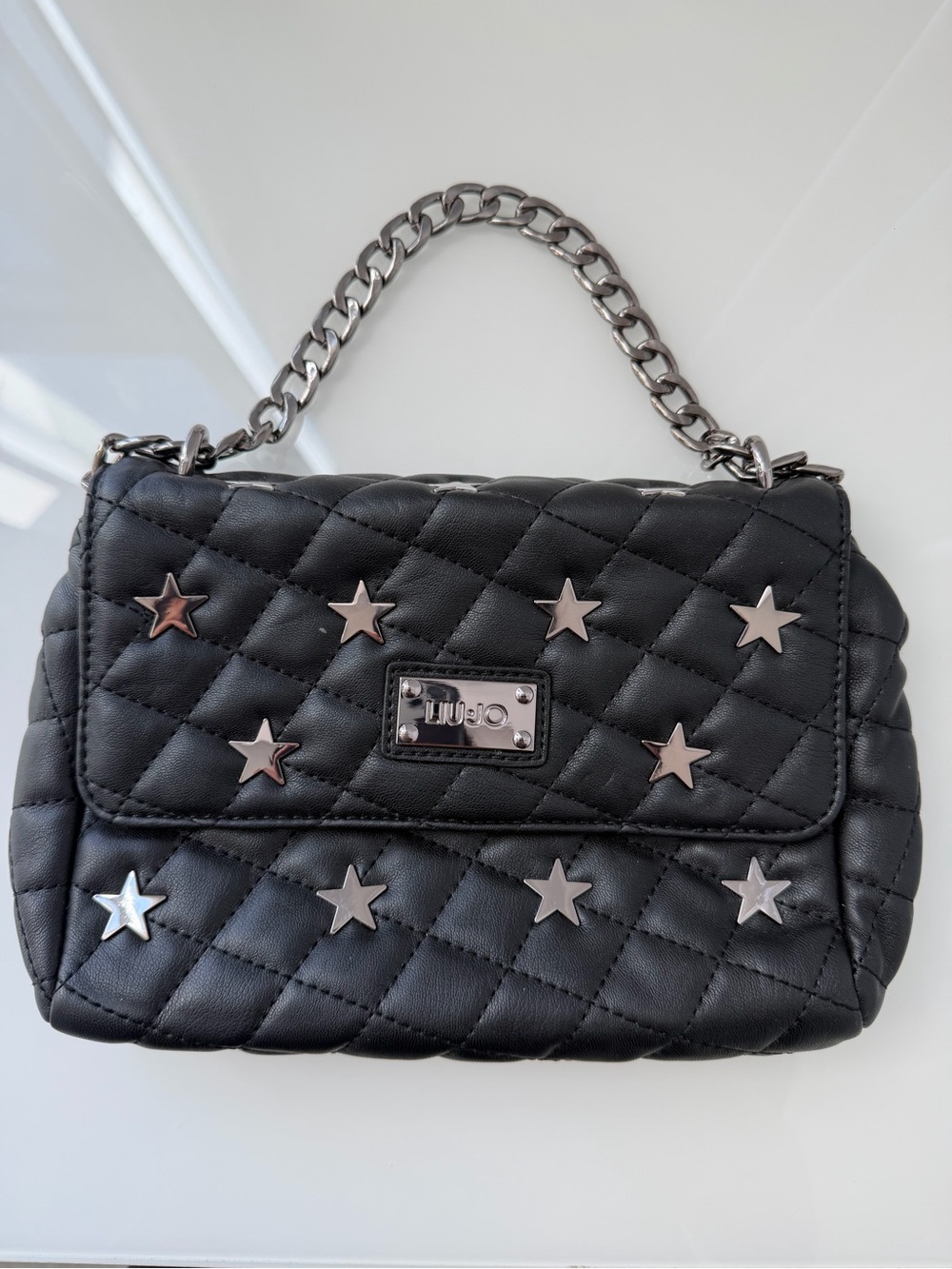 LIU JO Quilted Star-Studded Chain Handle Shoulder Bag in Black
